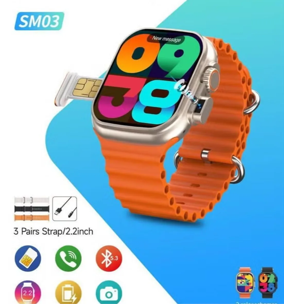 SM03 Smartwatch with SIM Card Slot & HD Camera, 3 Interchangeable Straps for Men & Women, Fitness Tracker, Call & Message Alerts, Long Battery Life thumbnail 2