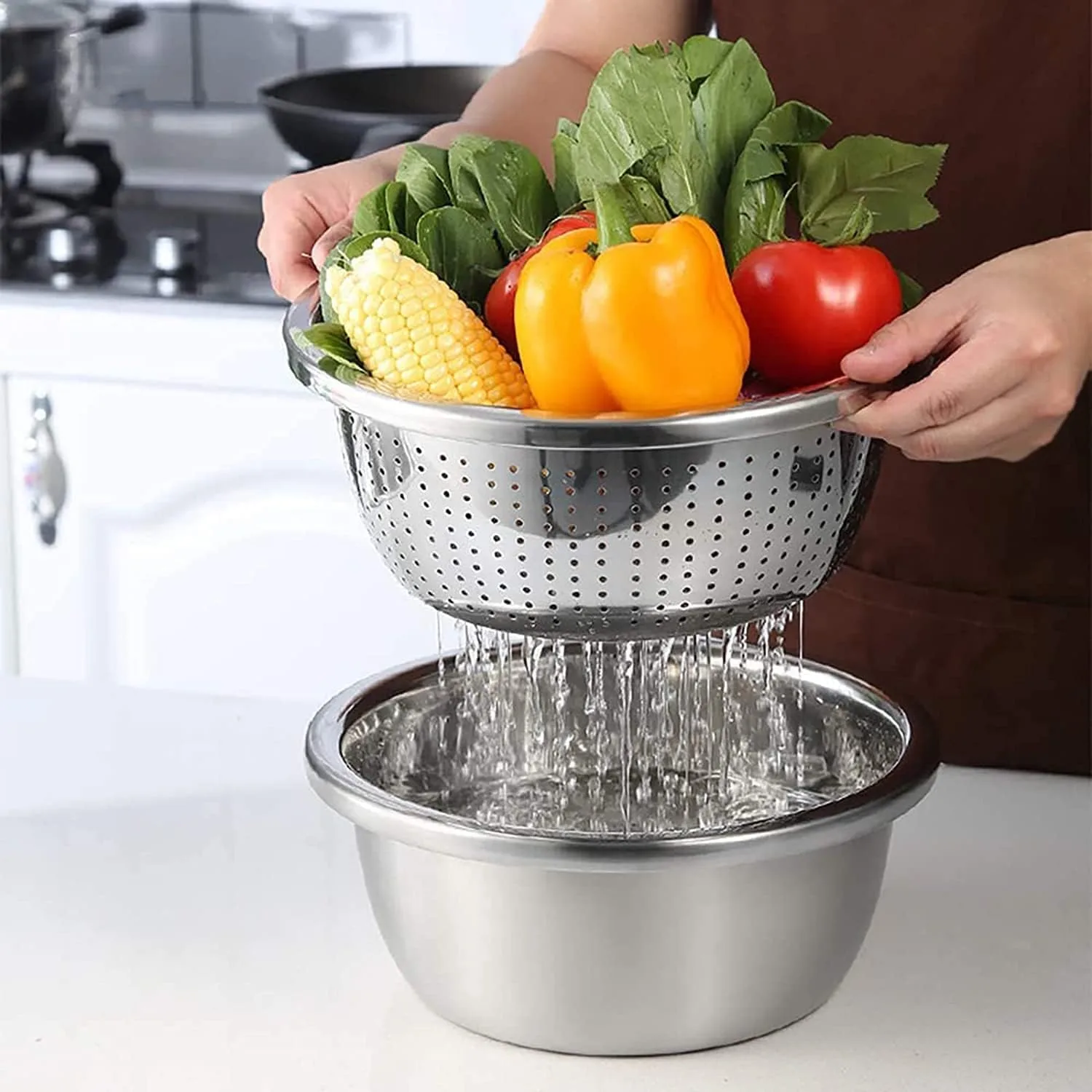 3 in 1 Stainless Steel Basin with Vegetable Chopper and Cheese Grater, Multifunctional Set Food Bowl/Colander/Vegetable Grater Mixing Bowl & Drainer, Rice Sieve Strainer thumbnail 4