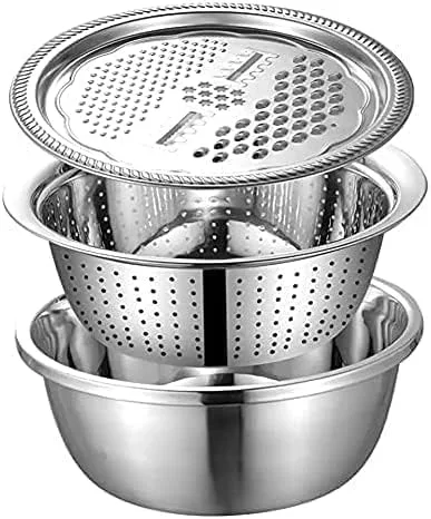 3 in 1 Stainless Steel Basin with Vegetable Chopper and Cheese Grater, Multifunctional Set Food Bowl/Colander/Vegetable Grater Mixing Bowl & Drainer, Rice Sieve Strainer
