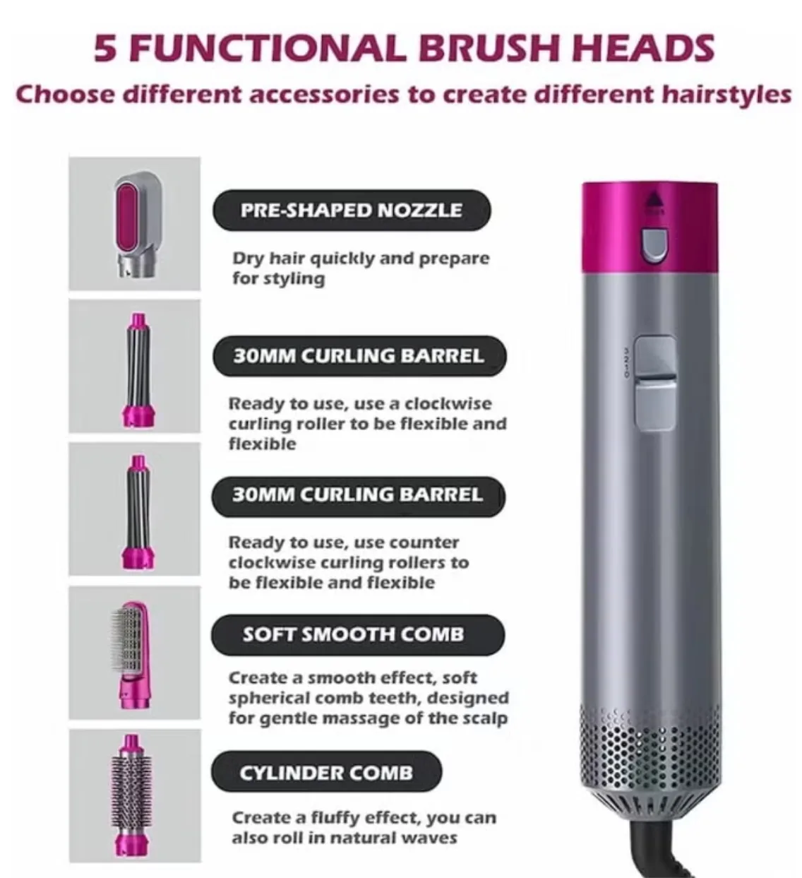 5-in-1 Professional Hair Styler Kit – Multifunctional Hot Air Brush, Hair Dryer, Curler, Straightener & Volumizer – All-in-One Smoothing & Styling Tool for All Hair Types thumbnail 2
