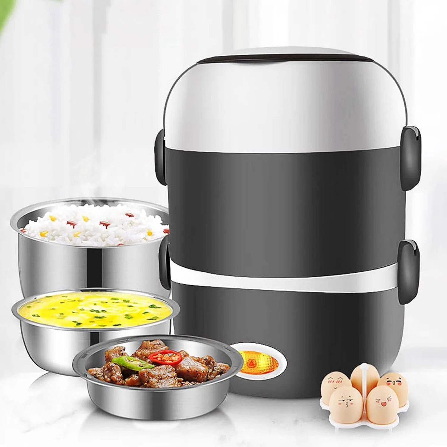 2L Electric Heating Lunch Box 200W Food-Grade Stainless Steel, Black | 2-Layer Design, One-Touch Operation, Portable Food Warmer, Multifunctional thumbnail 4