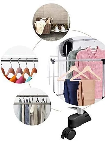 Adjustable Stainless Steel Portable Double Pole Telescopic Clothes Rack | Foldable Single Clothes and Garment Hanging Rack | Laundry Drying Stand with Wheels for Indoor and Outdoor thumbnail 3