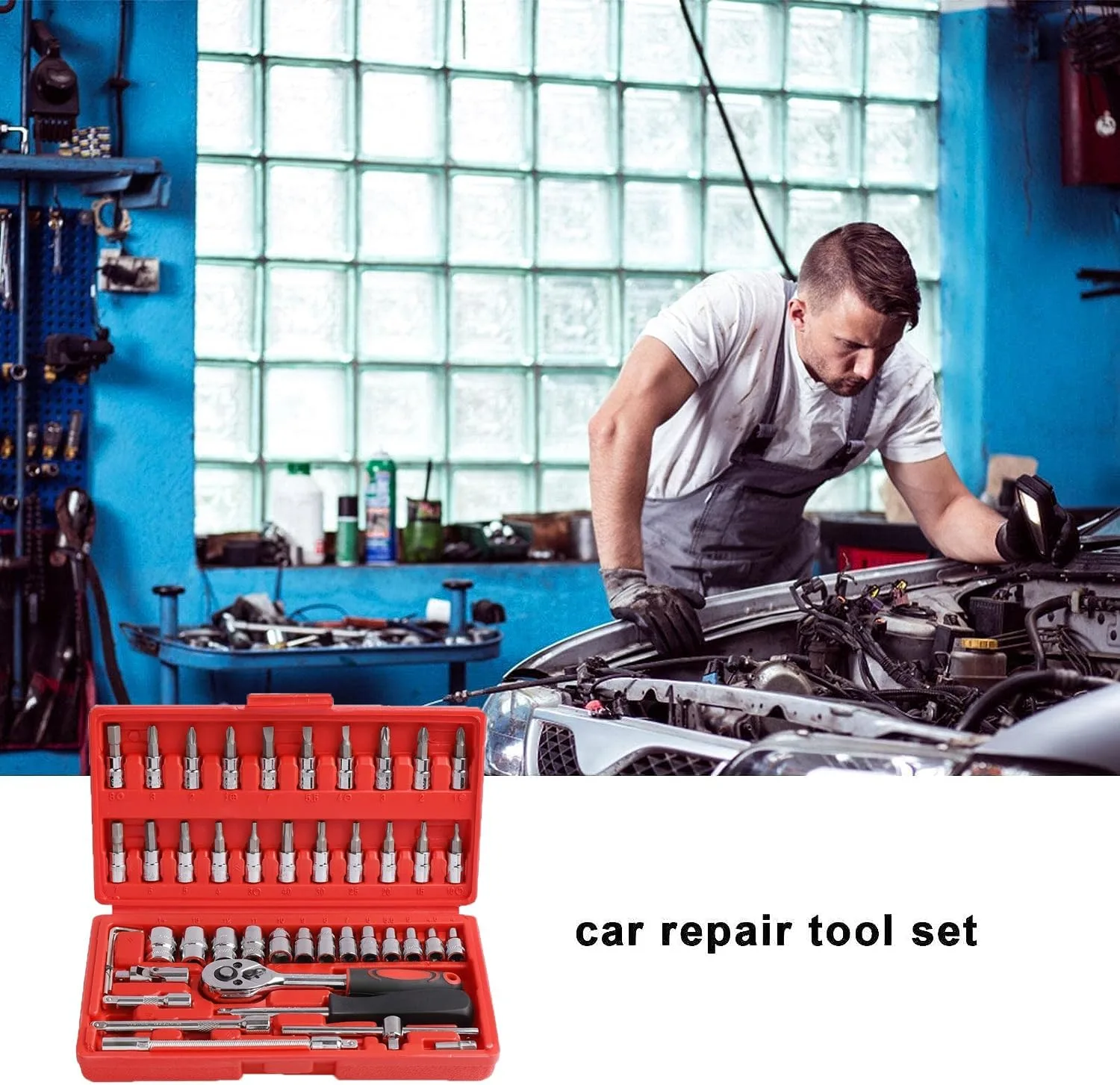 46 Pcs 1/4'' Drive Socket Wrench Set, Ratchet Wrench Set with 4-14mm Cr-V Sockets,Screwdriver Bits,Extension Bars for Car Bike Repair and Home Maintenance thumbnail 2