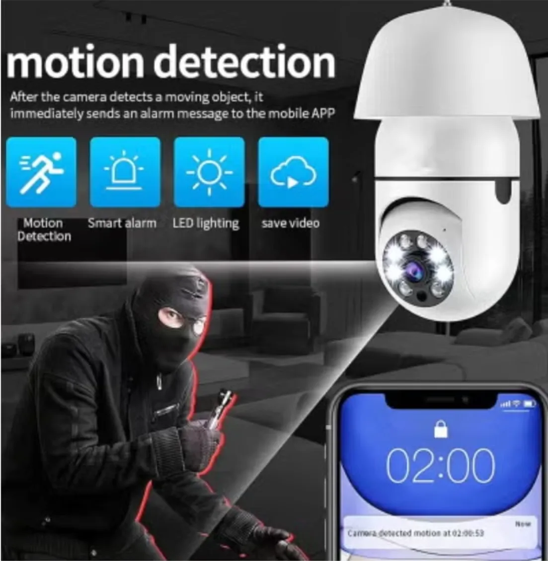 WiFi Panorama Camera & Wireless Outdoor CCTV Monitor – 1080P 2MP WiFi Smart Camera with Night Vision, Motion Detection, 2-Way Talk, Easy Installation, APP Remote Monitoring, Smart Home Security Light Bulb Camera for Home & Office Protection thumbnail 3