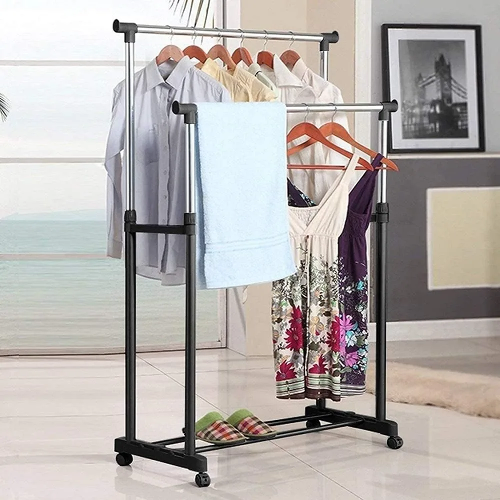 Adjustable Stainless Steel Portable Double Pole Telescopic Clothes Rack | Foldable Single Clothes and Garment Hanging Rack | Laundry Drying Stand with Wheels for Indoor and Outdoor thumbnail 5
