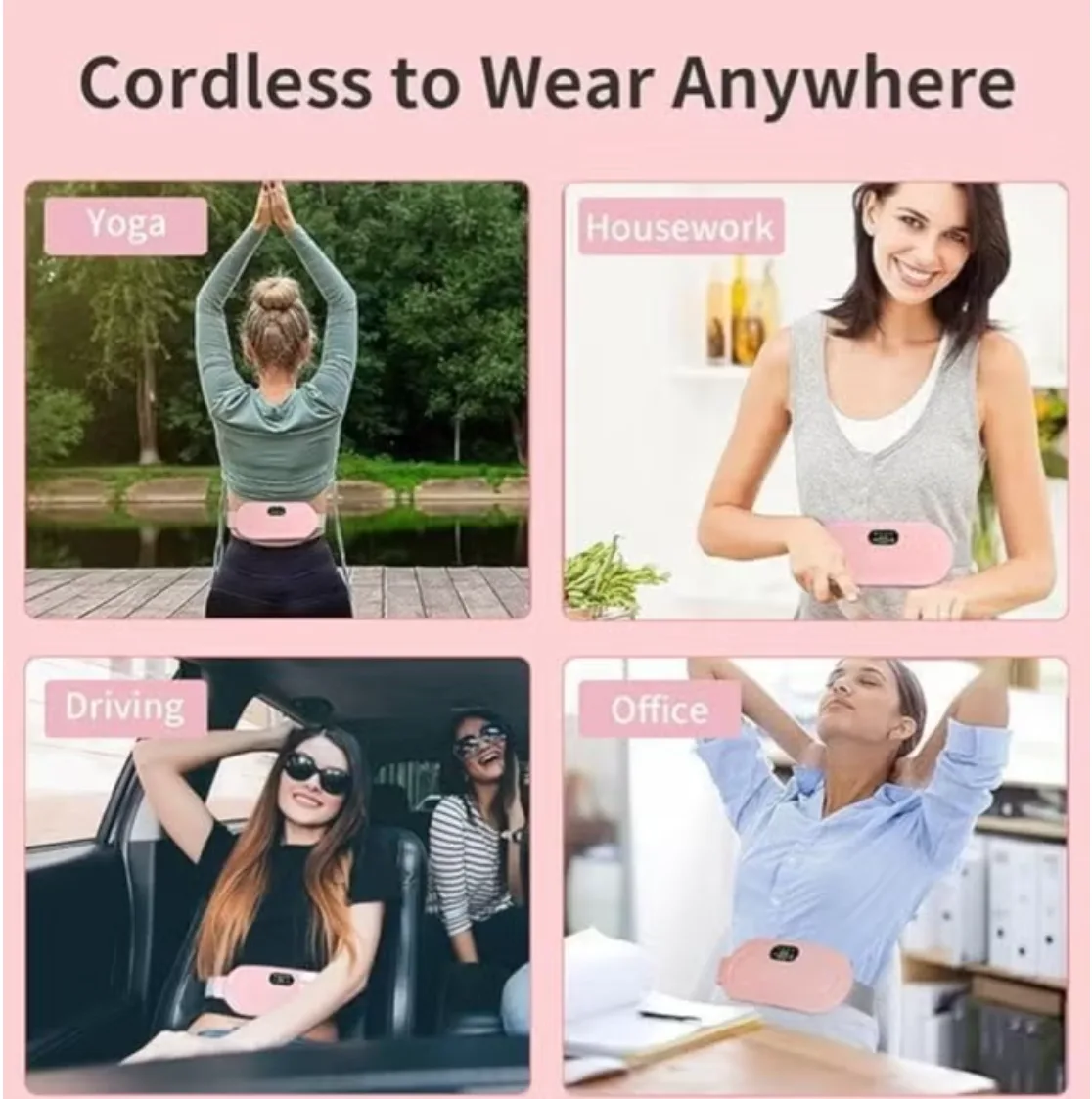 Portable Cordless Heating Pad for Period Cramps Relief, Rechargeable Electric Heat Belt with 3 Adjustable Heat Levels and 4 Vibration Modes, Perfect Gift for Women and Girls thumbnail 3