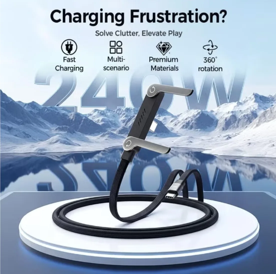 Fast Charging Cable with Rotatable Phone Holder Stand, 360° Adjustable Rotation, 1.5m Sideway Gaming Charger, Type-C to Type-C, Quick Power Delivery for Smartphones, Tablets, and Gaming Devices thumbnail 5