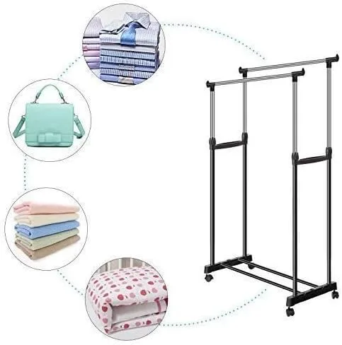 Adjustable Stainless Steel Portable Double Pole Telescopic Clothes Rack | Foldable Single Clothes and Garment Hanging Rack | Laundry Drying Stand with Wheels for Indoor and Outdoor thumbnail 4