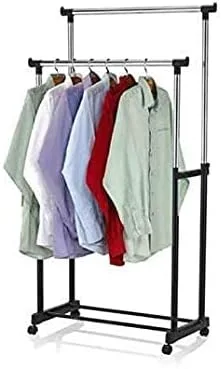 Adjustable Stainless Steel Portable Double Pole Telescopic Clothes Rack | Foldable Single Clothes and Garment Hanging Rack | Laundry Drying Stand with Wheels for Indoor and Outdoor thumbnail 2