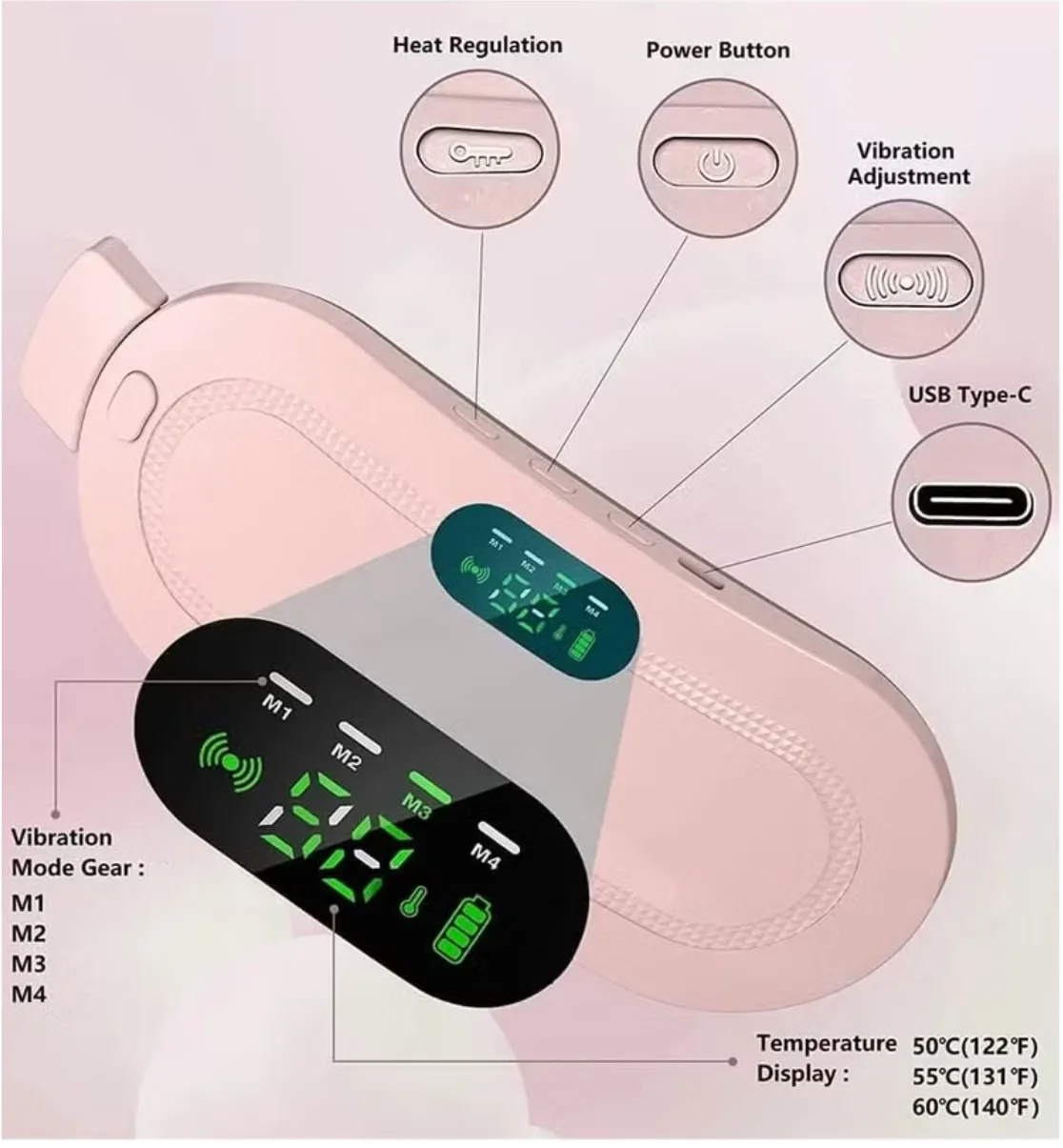Portable Cordless Heating Pad for Period Cramps Relief, Rechargeable Electric Heat Belt with 3 Adjustable Heat Levels and 4 Vibration Modes, Perfect Gift for Women and Girls thumbnail 6