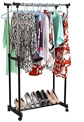 Adjustable Stainless Steel Portable Double Pole Telescopic Clothes Rack | Foldable Single Clothes and Garment Hanging Rack | Laundry Drying Stand with Wheels for Indoor and Outdoor