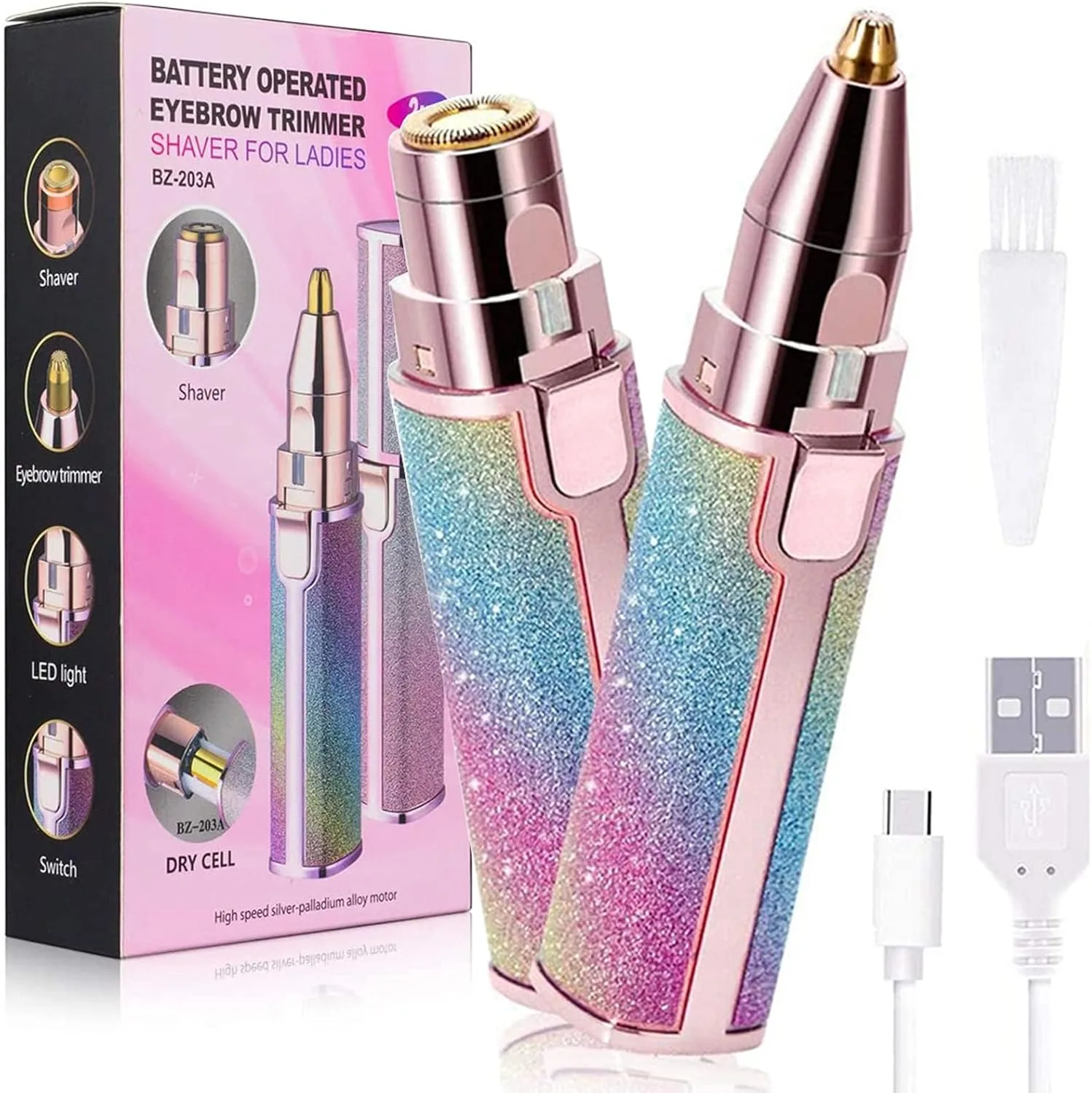 Eyebrow Trimmer Facial Hair Remover for Women, Rechargeable Body Face Hair Shaver Razor USB Electric Remover Nose Lips Armpit Bikini Painless Built-in LED Light Lady Gift (Rainbow 1 Pack 2 Heads)