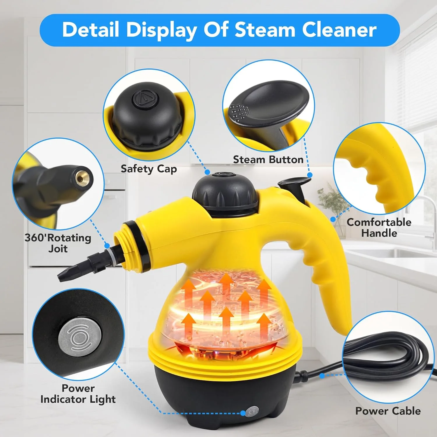 Portable Handheld Steam Cleaner, 1000 W Multifunctional High Pressure Steam Cleaner,with 9 in 1 Accessories,for kitchen bathroom sofa Car window (yellow) thumbnail 3