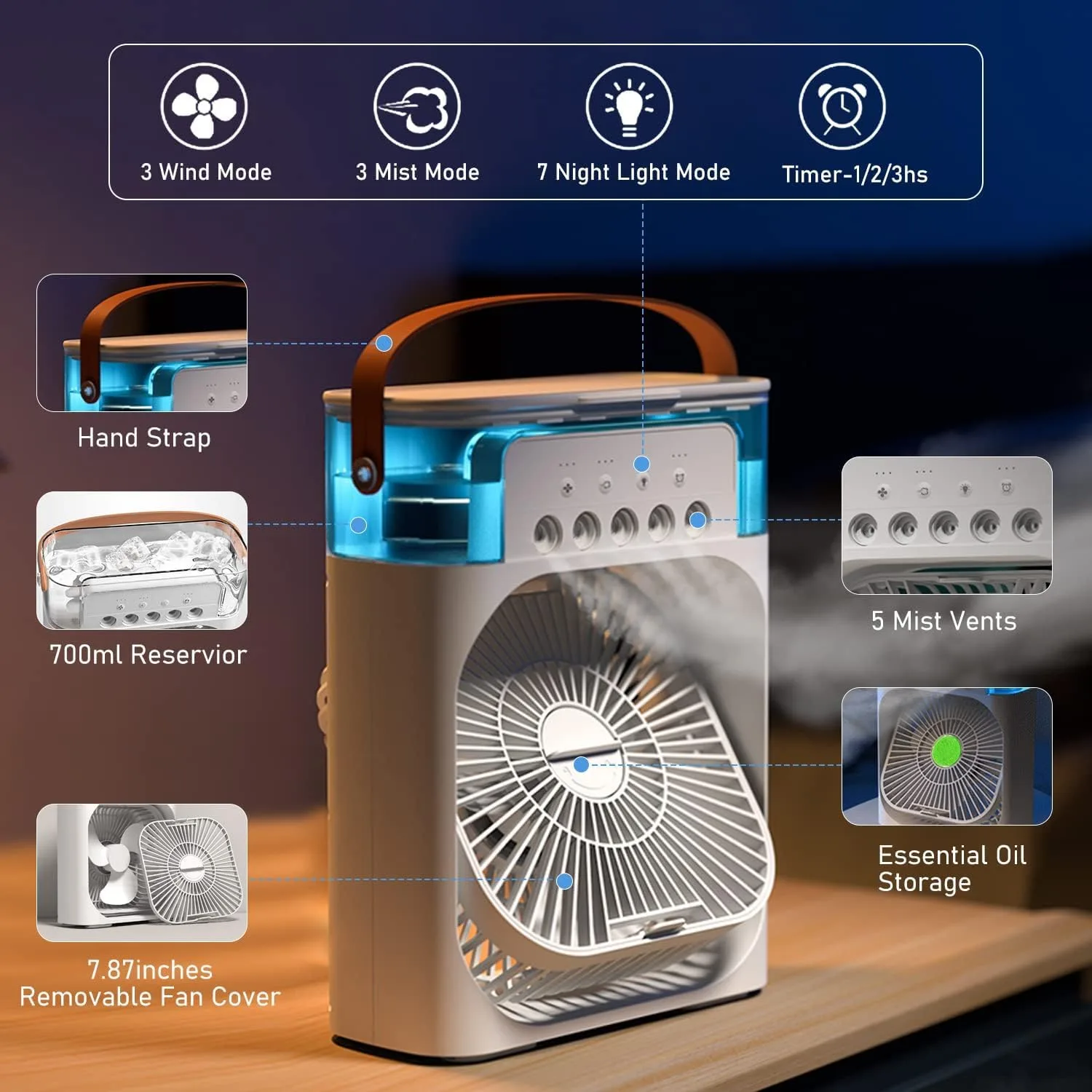 Portable Air Conditioners,Mini Evaporative Cooler,700ml Cooler 3 Speeds,USB Personal Conditioner with 7 LED Light，1-3H Timer AC Cooling Fan for car Home Office Room thumbnail 4