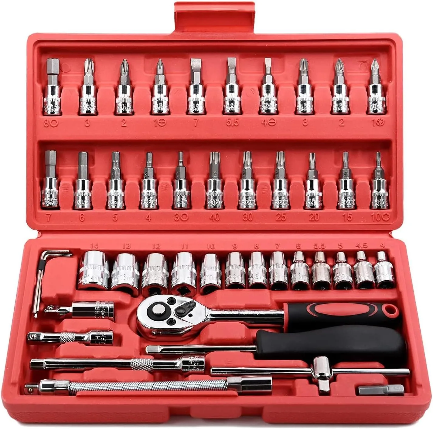 46 Pcs 1/4'' Drive Socket Wrench Set, Ratchet Wrench Set with 4-14mm Cr-V Sockets,Screwdriver Bits,Extension Bars for Car Bike Repair and Home Maintenance