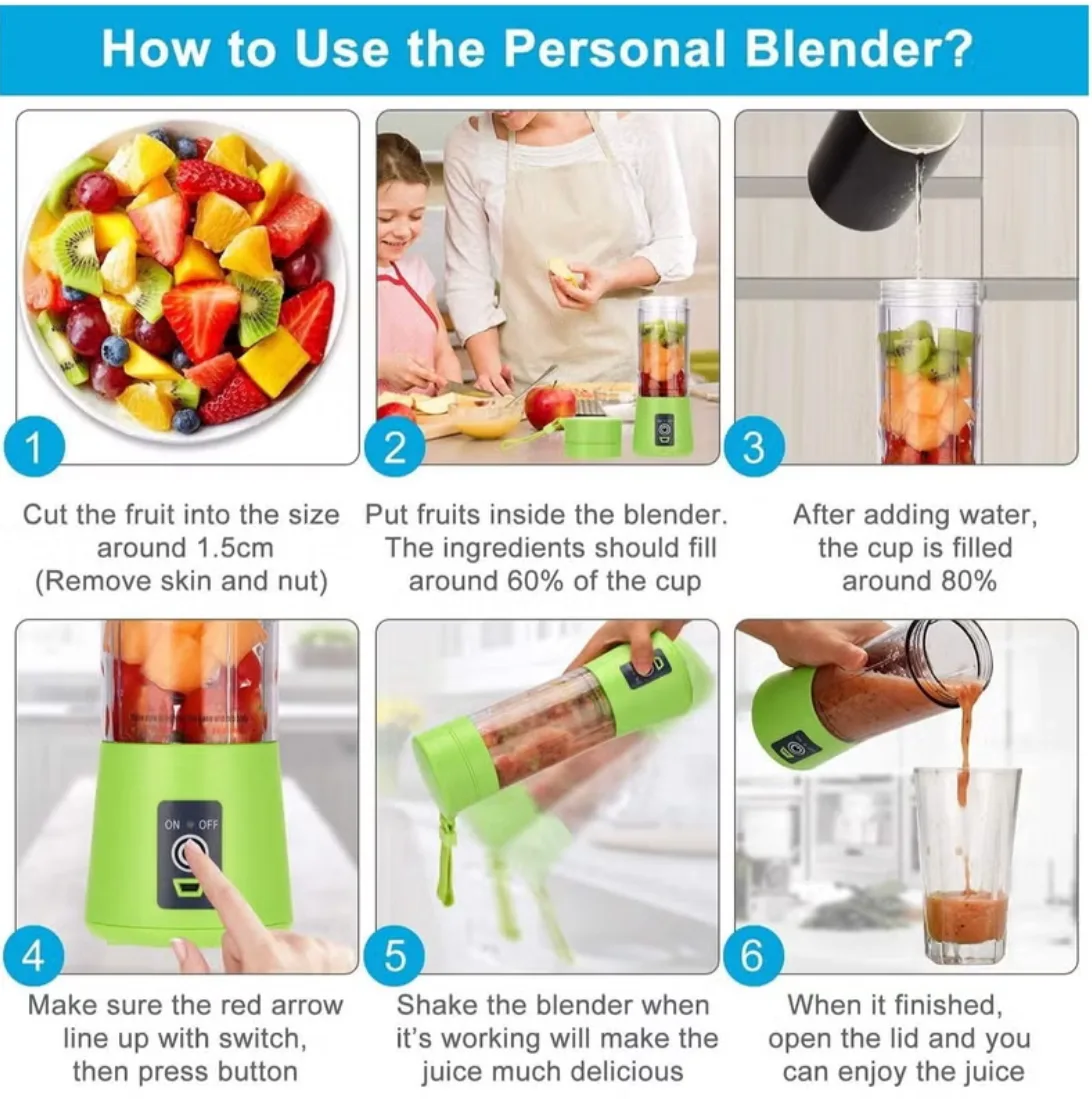 Portable Blender Smoothies Personal Blender Mini Shakes Juicer 380 ml Cup USB Rechargeable Cordless Shaker Bottle thumbnail 2