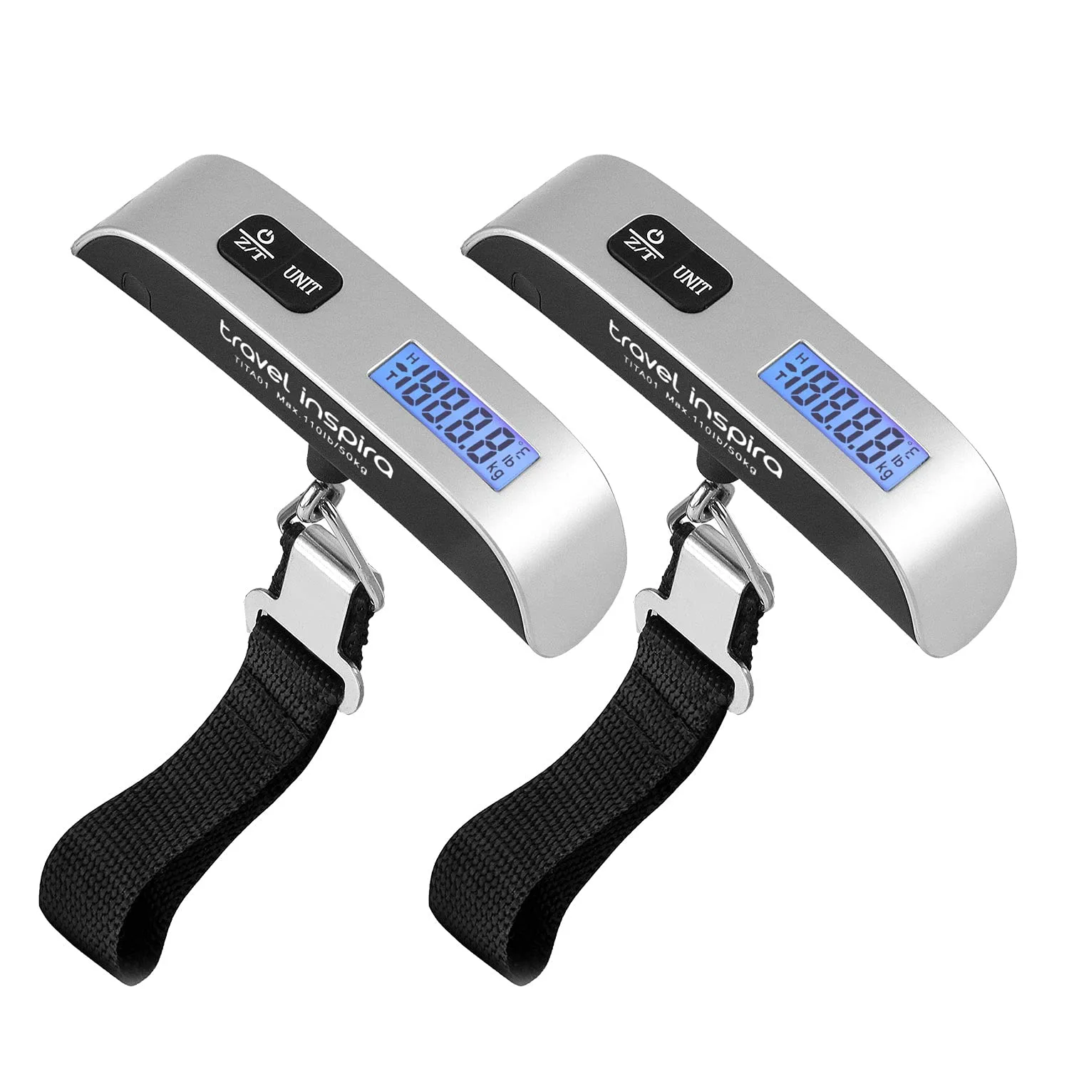 Portable Digital Hanging Baggage Scale for Travel, Suitcase Weight Scale with Rubber Paint, 110 Pounds, Battery Included, Silver, 2 Pcs