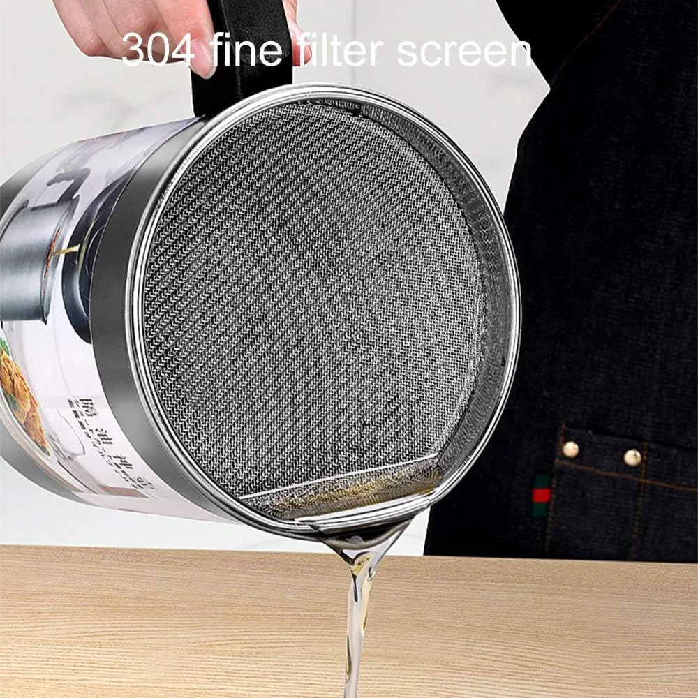 Oil Strainer Pot Grease Can, 1.4 L/1.7L Stainless Steel Container W/Fine Mesh DUSt-Proof Lid Non-Slip Plate Base Suitable Easy Grip Handle, For Storing Frying Cooking thumbnail 2