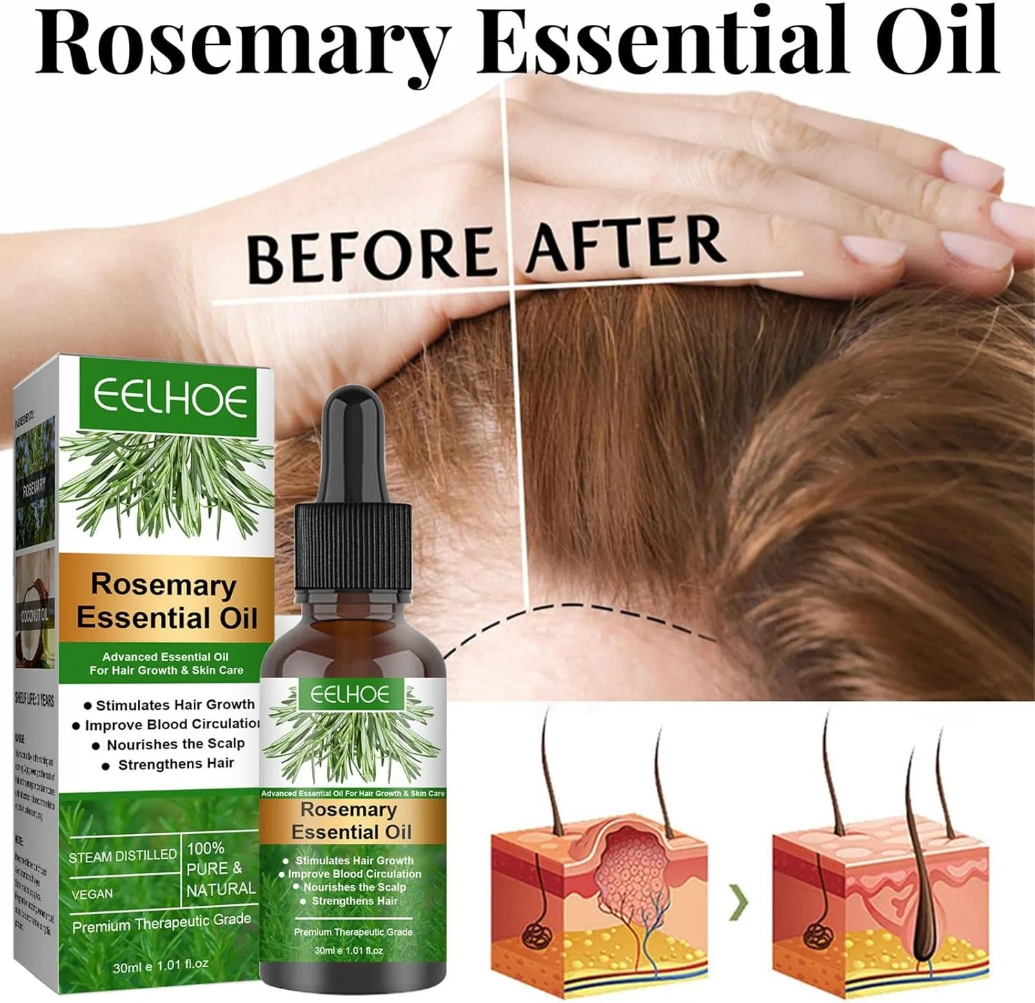 Rosemary Hair Oil, 30ml Rosemary Essential Oil for Hair Growth, Nourishment Scalp, Stimulates Hair Growth, Hair Care Oil for Women Men thumbnail 3