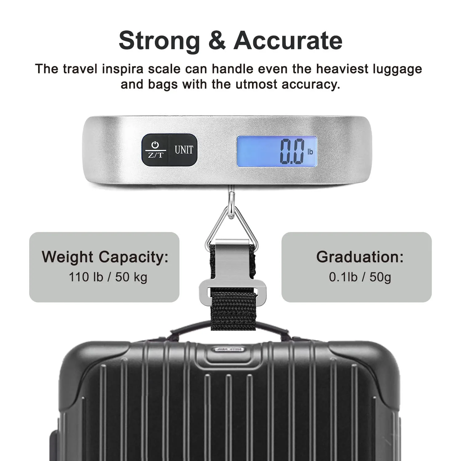 Portable Digital Hanging Baggage Scale for Travel, Suitcase Weight Scale with Rubber Paint, 110 Pounds, Battery Included, Silver, 2 Pcs thumbnail 5