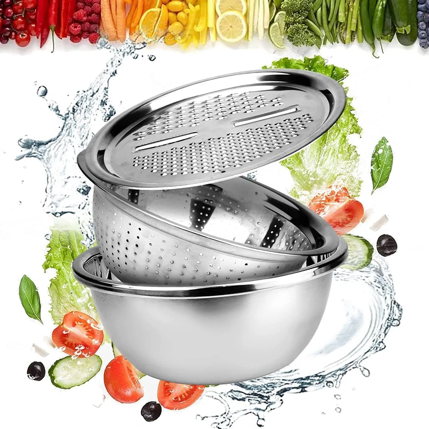 3 in 1 Stainless Steel Basin with Vegetable Chopper and Cheese Grater, Multifunctional Set Food Bowl/Colander/Vegetable Grater Mixing Bowl & Drainer, Rice Sieve Strainer thumbnail 5