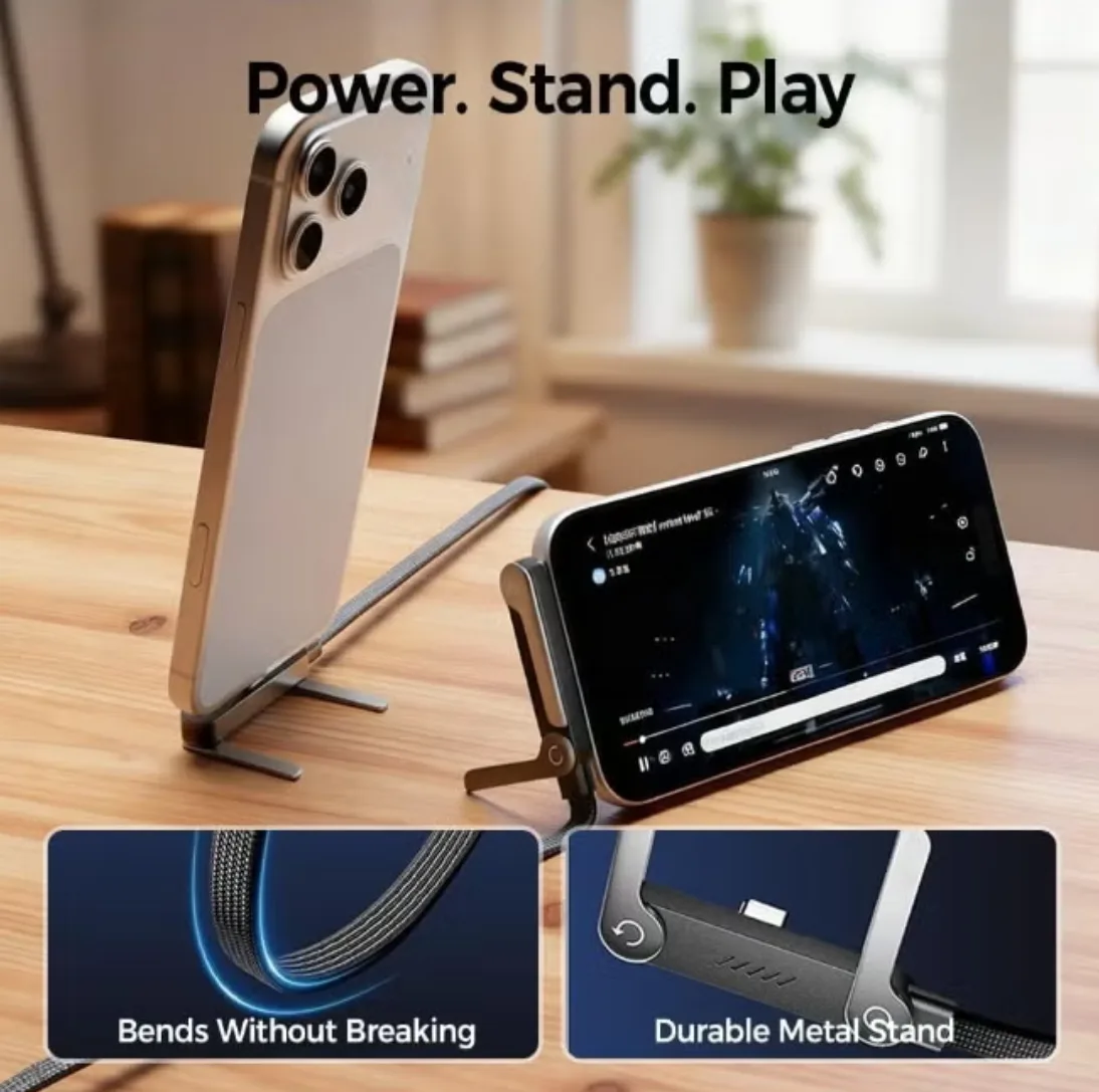Fast Charging Cable with Rotatable Phone Holder Stand, 360° Adjustable Rotation, 1.5m Sideway Gaming Charger, Type-C to Type-C, Quick Power Delivery for Smartphones, Tablets, and Gaming Devices thumbnail 3