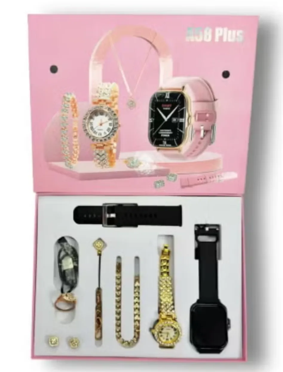 A58 PLUS Women Smartwatch with Bluetooth Calling, Fitness & Sleep Tracking, Long Battery Life + Luxury Diamond Jewelry Gift Set (Necklace, Ring, Earrings & Bracelet)
