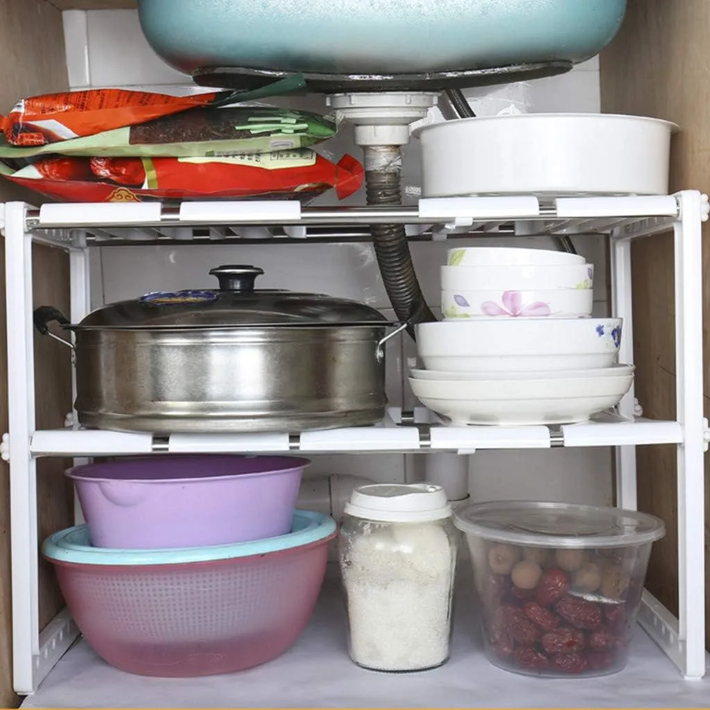 Kitchen Sink Dish Rack, Adjustable 2 Tier Under Shelf Storage Organize Rack Holder thumbnail 2
