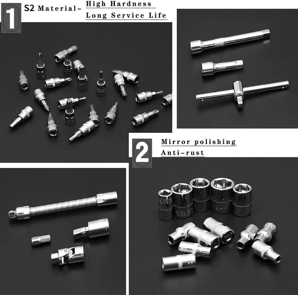 46 Pcs 1/4'' Drive Socket Wrench Set, Ratchet Wrench Set with 4-14mm Cr-V Sockets,Screwdriver Bits,Extension Bars for Car Bike Repair and Home Maintenance thumbnail 6