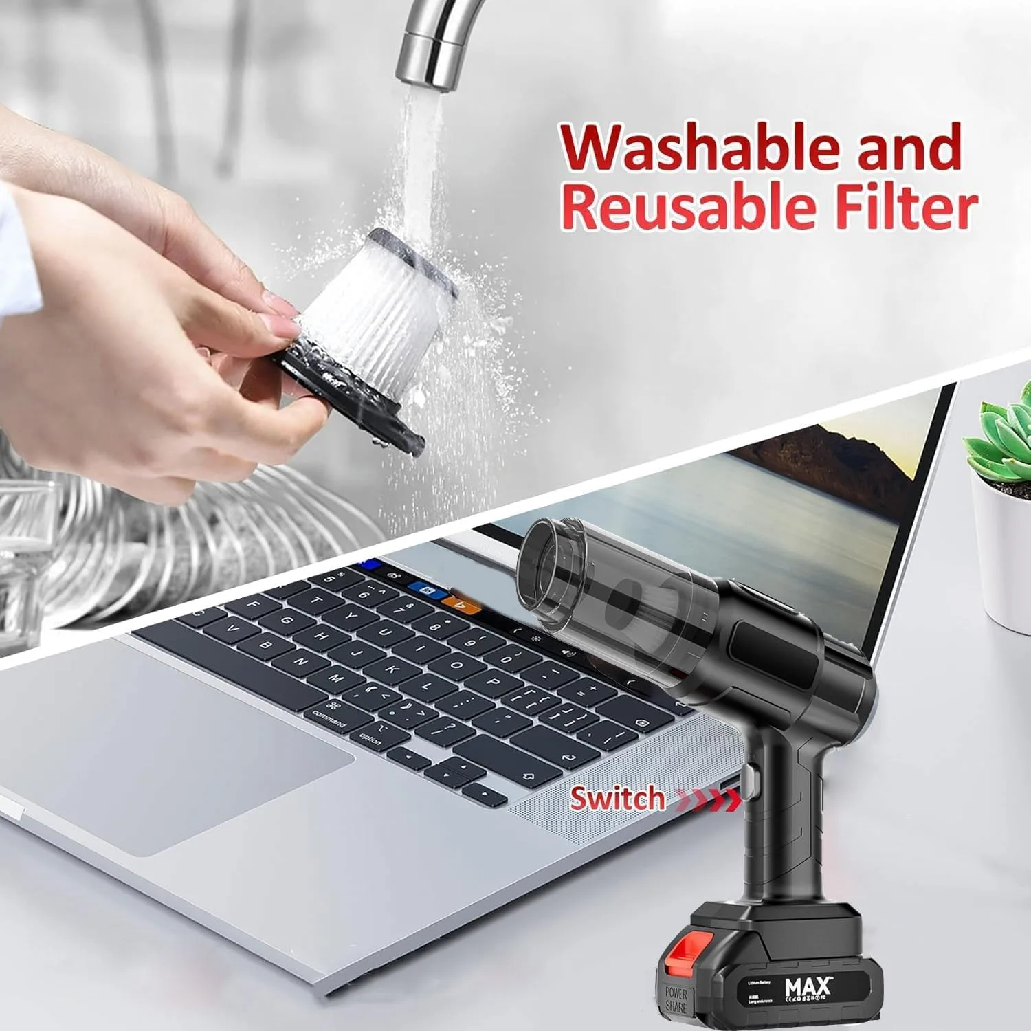 SAFENHAND Cordless Handheld Car Vacuum Cleaner, 4-in-1 Wireless Charging, 120W 5000Pa Super Powerful Suction, with Multiple Accessories for Hair, Dirt, Pet Hair, Home and Car Cleaning thumbnail 4