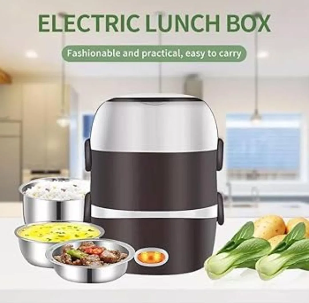 2L Electric Heating Lunch Box 200W Food-Grade Stainless Steel, Black | 2-Layer Design, One-Touch Operation, Portable Food Warmer, Multifunctional thumbnail 2