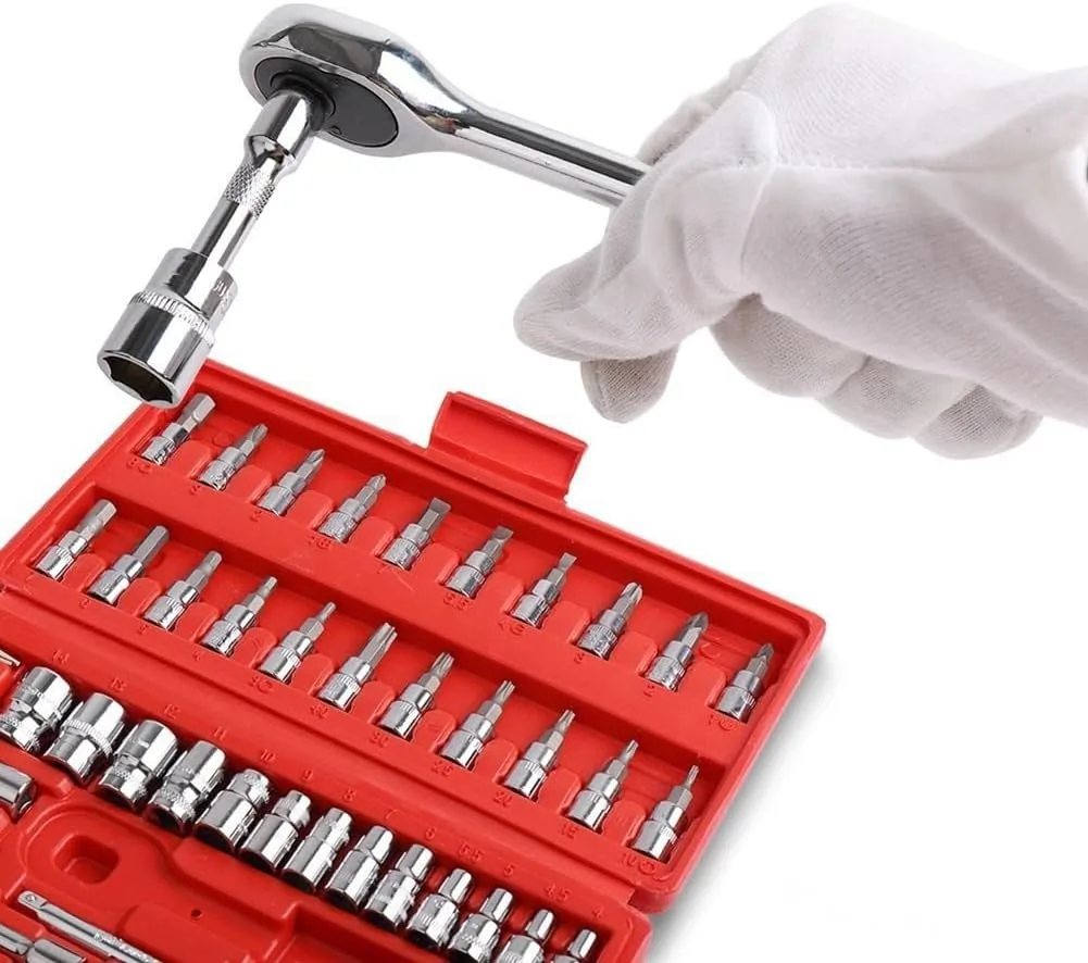 46 Pcs 1/4'' Drive Socket Wrench Set, Ratchet Wrench Set with 4-14mm Cr-V Sockets,Screwdriver Bits,Extension Bars for Car Bike Repair and Home Maintenance thumbnail 5