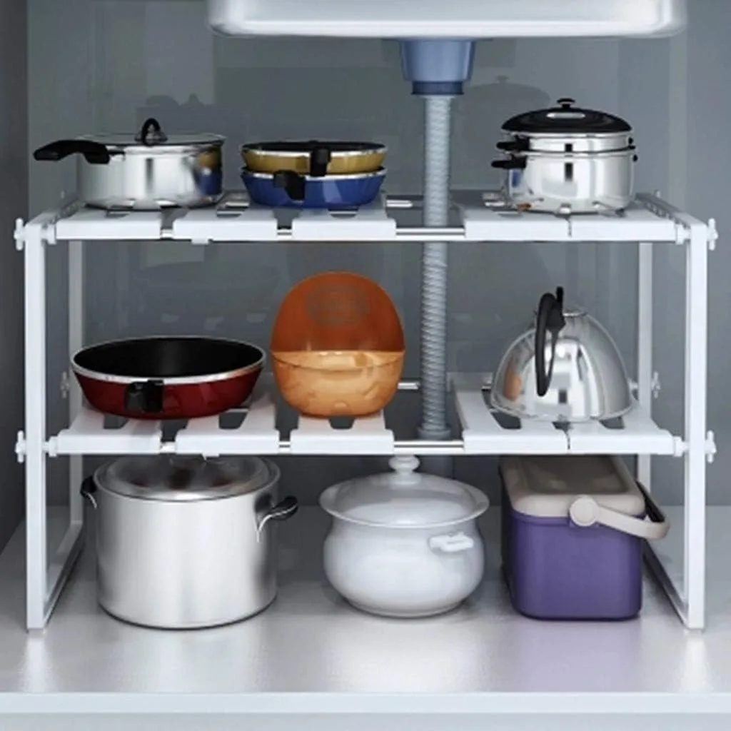 Kitchen Sink Dish Rack, Adjustable 2 Tier Under Shelf Storage Organize Rack Holder thumbnail 7